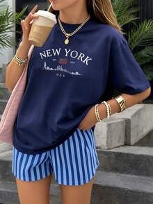 少女休闲粉色印花圆领短袖T恤，夏季上衣 - 藏蓝色 - 查看 1