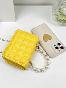 1pc Mini Girl Crinkle Plaid PU Flap Simple Versatile Pearl Handbag Shoulder Bag, Suitable For Daily Use - Yellow - View 3