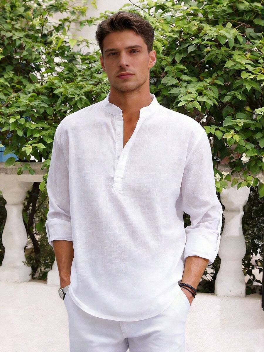 Men's Cotton Linen Long-Sleeved Shirt - White - View 1