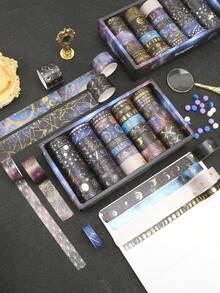 20 Rolls, Giant Starry Sky Bronzing Bronzing Silvery Washi TapeDream Planet Universe DlY Decorative Stickers Student School Hand Account Tape, Junk Journal Stickers Supplies, CreativeMasking Tape, Scrapbooking Decor, Journaling Decor(6 Rolls/12 Rolls/20 Rolls) - Blue - View 12