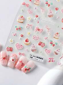 Beautizon Nailartlab Sweet Strawberry Mousse Nail Stickers 3D Embossed Bow & Cake Designs Adhesive Decals For DIY Manicure - Multicolor - View 7