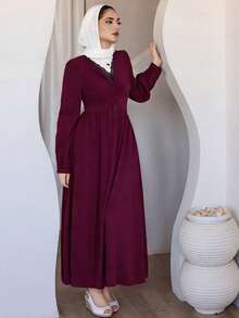 Livesso Women's Elegant Contrast Lace V-Neck Lantern Sleeve Ruched Waist Midi Dress, Spring/Autumn - Burgundy - View 2