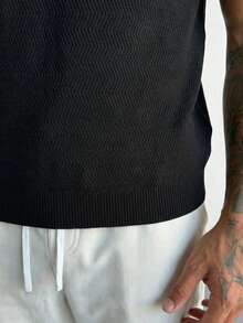 GRDR Men's Loose Thin Ribbed Polo Collar Short Sleeve Knit Sweater, Summer - Black - View 6