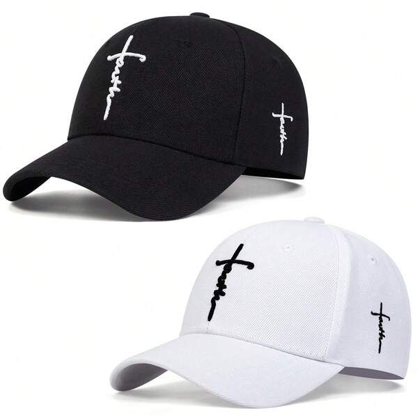2pcs Men's Letter & Cross Embroidered Baseball Cap, Street Fashion Hat, Outdoor Sun Protection Casual Cap For Spring, Autumn, Travel, Beach
