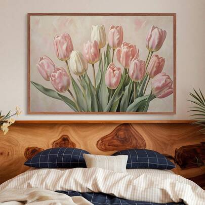 1pc, Canvas Wall Art, Framed Wall Decor, Spring Tulip Decorative Painting, Soft Pink Tulip Pattern, Spring Floral Art, Neutral Home Decor, White Tulip Wall Art, Floral Artwork, Spring Floral Oil Painting, Rustic Farmhouse Wall Decor, Kids Room Wall Art, Spring Decor, Spring Home Decor, Spring Poster, Room Decor Aesthetics