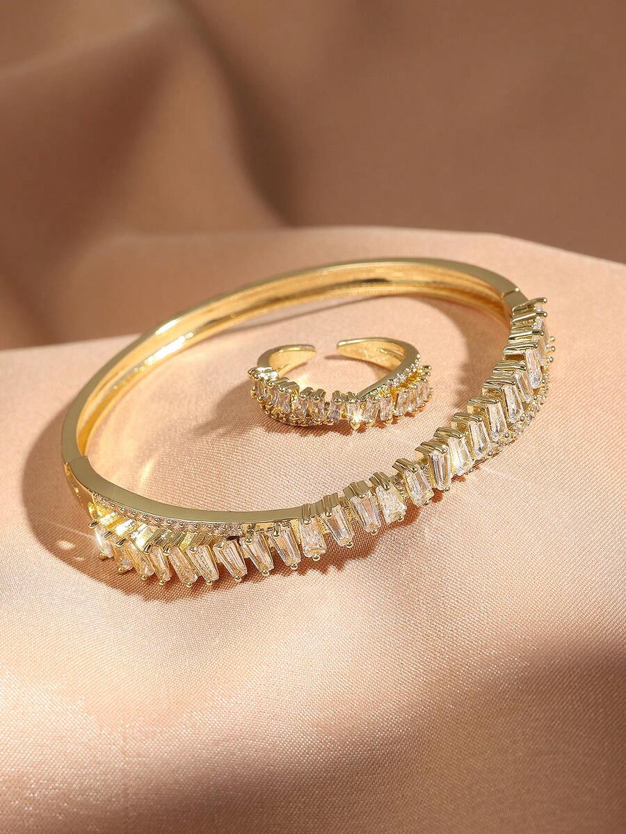 rakol Set de 2 piezas de anillo y pulsera con decoración asimétrica de circonita cúbica de moda - Dorado - View 1