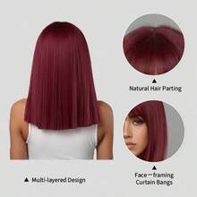 17.71 Inch (45CM) Wine Red Shoulder-Length Medium Straight Wig With Bangs For Women, Multi-Layered Synthetic Hair Wig With Face-Framing Curtain Bangs, Heat Resistant Adjustable Cap, Natural Hair Parting, Easy To Style For Daily Wear, Party & Cosplay - 酒紅色 - 查看 10