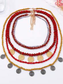 ZAA Multi-Layer Bead Alloy Geometric Pendant Necklace, Cross-Border Retro Round Pendant Necklace, Bohemian Style Necklace, Casual Simple And Luxurious Versatile Women's Necklace, Women's Style - Multicolor - View 3