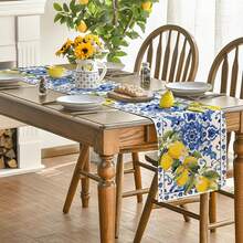 1pc Lemon Blue & White Ceramic Table Runner, Summer Tabletop Decor, Spring Kitchen Table Decoration For Family Gathering - Blue - View 4