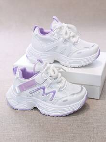 1 Pair Children's Casual Fashion Skateboard Shoes, PU Leather Multicolor Patchwork Upper, White, Purple, Light Green Color Scheme, Simple & Fresh, Soft, Lightweight, Comfortable, Convenient Hook And Loop Closure, Suitable For Children's Daily Sports, Leisure, Play, Holiday Occasions, Combining Aesthetics And Practicality. - Violet Purple - View 1