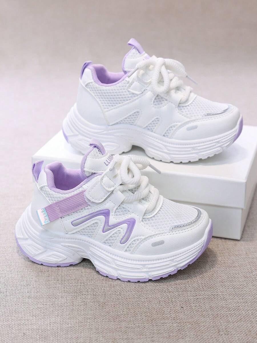 1 Pair Children's Casual Fashion Skateboard Shoes, PU Leather Multicolor Patchwork Upper, White, Purple, Light Green Color Scheme, Simple & Fresh, Soft, Lightweight, Comfortable, Convenient Hook And Loop Closure, Suitable For Children's Daily Sports, Leisure, Play, Holiday Occasions, Combining Aesthetics And Practicality. - Violet Purple - View 1