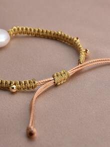 1pc 18K Gold Plated Natural Pearl Adjustable Braided Casual Bracelet, Gift For Mother's Day, Valentine's Day, Birthday - Yellow - View 3