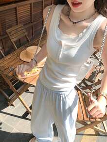 蕾丝吊带背心，修身打底背心，女士春夏款 - 白色 - 查看 3