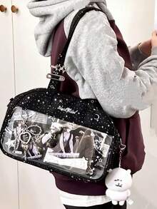 1pc Japanese Style New Original Casual Fashion Sweet Cute College Large Capacity Starry Sky Bowling Bag, Soft Lightweight Canvas Transparent Badge Grain Bag, Women Daily Commute Party Shoulder Crossbody Bag - Multicolor - View 13