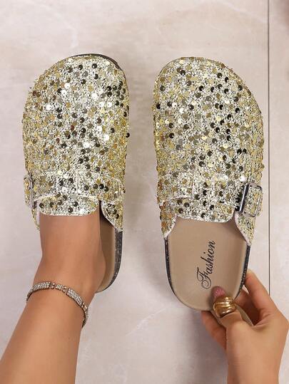 1 Pair Women's Flat Shoes, Glittery Casual Vintage Party Slip-On Birkenstocks, Suitable For Vacation, Party, Casual, Home, Beach, Wedding, All Seasons