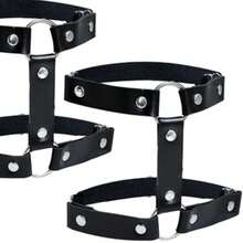 一套性感蕾丝朋克哥特风可调节大腿吊袜带腿套 - 黑色蕾丝吊袜带、铆钉猫扣大腿带、双环腿铐和星形扣腿环，女士款 - 黑色 - 查看 14