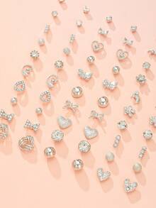 30 Pairs Assorted Shiny Earring Set, Includes Bow, Heart, Teardrop, Rhinestone Designs, Metal Earrings Combination, Suitable For Daily Wear, Dates, Outings, Holiday Gift For Women - Silver - View 3