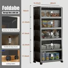 28inch 600Qt Stackable Storage Bins With Lid, Extra Large Closet Organizer Collapsible Drawer Boxes With Wheels, Folding Plastic Cabinet Containers For Home Kitchen Room Organization, 1/2/3/4/5Pack - 灰色 - 查看 20