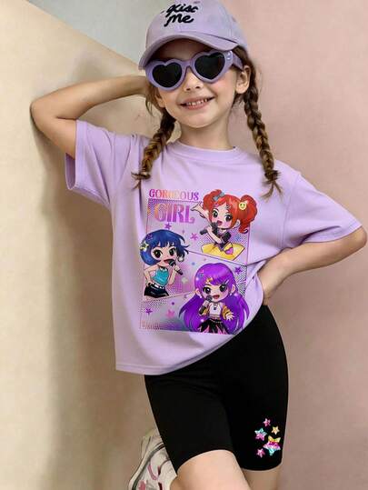 女童卡通唱歌女孩图案圆领短袖T恤+彩色星星印花打底短裤套装，春夏新款