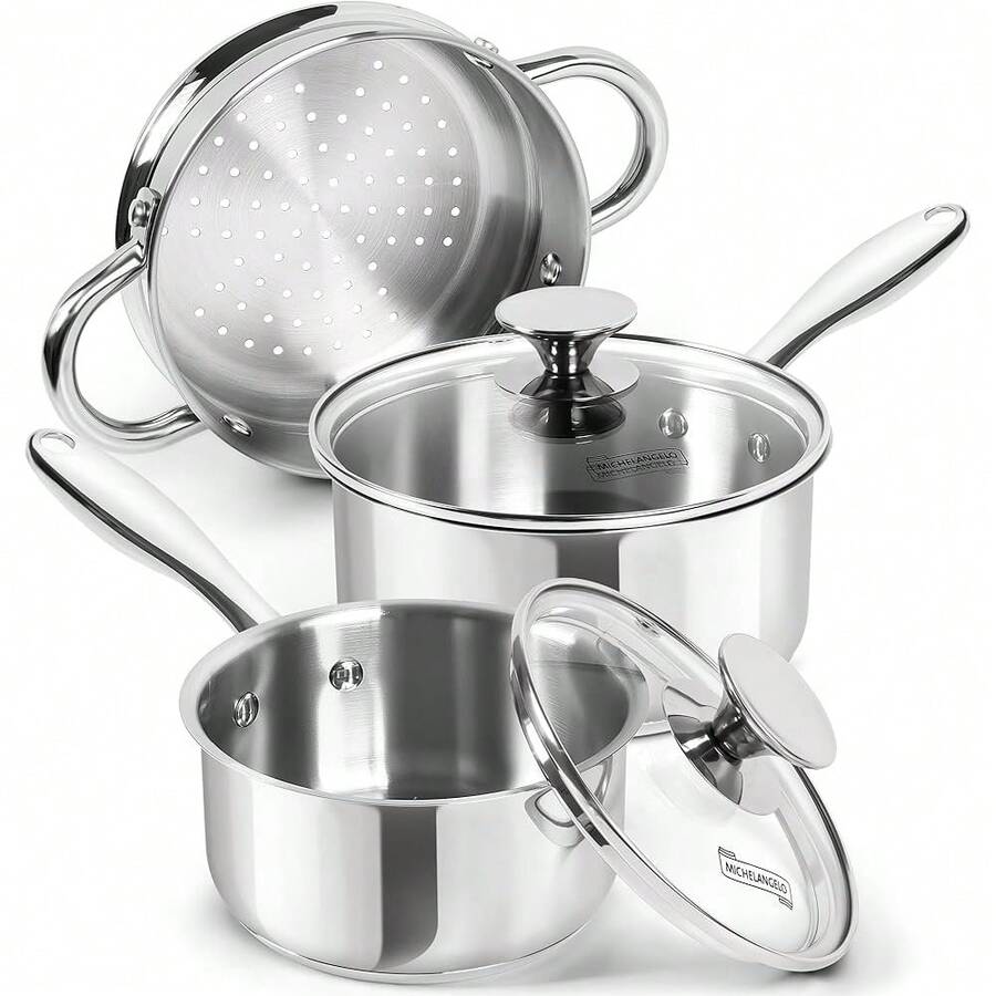 Stainless Steel Saucepans With Steamer 5Pcs, 18/10 Saucepan Set With Glass Lids, Sauce Pot Set With Triply Bottom Induction Compatible - 1QT & 2QT - 1誇脫+2誇脫帶蒸籠 - 查看 1