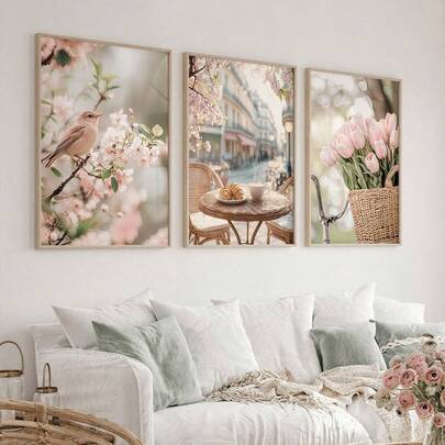 3pcs Paris Street Scene Decorative Paintings, Outdoor Cafe & Birds & Tulips Canvas Posters, Countryside Home Decor, Modern Wall Art, Living Room Bedroom Kitchen Office Bar Dorm Hallway Room Decor, Frameless