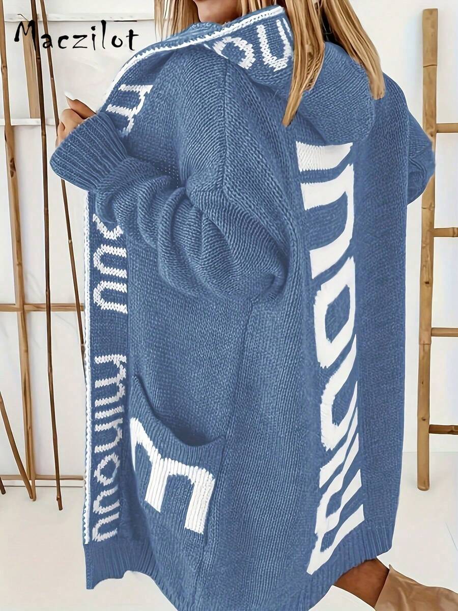 Plus Size Women's Casual Letter Printed Hooded Soft Knit Warm Cardigan, Long Sleeve