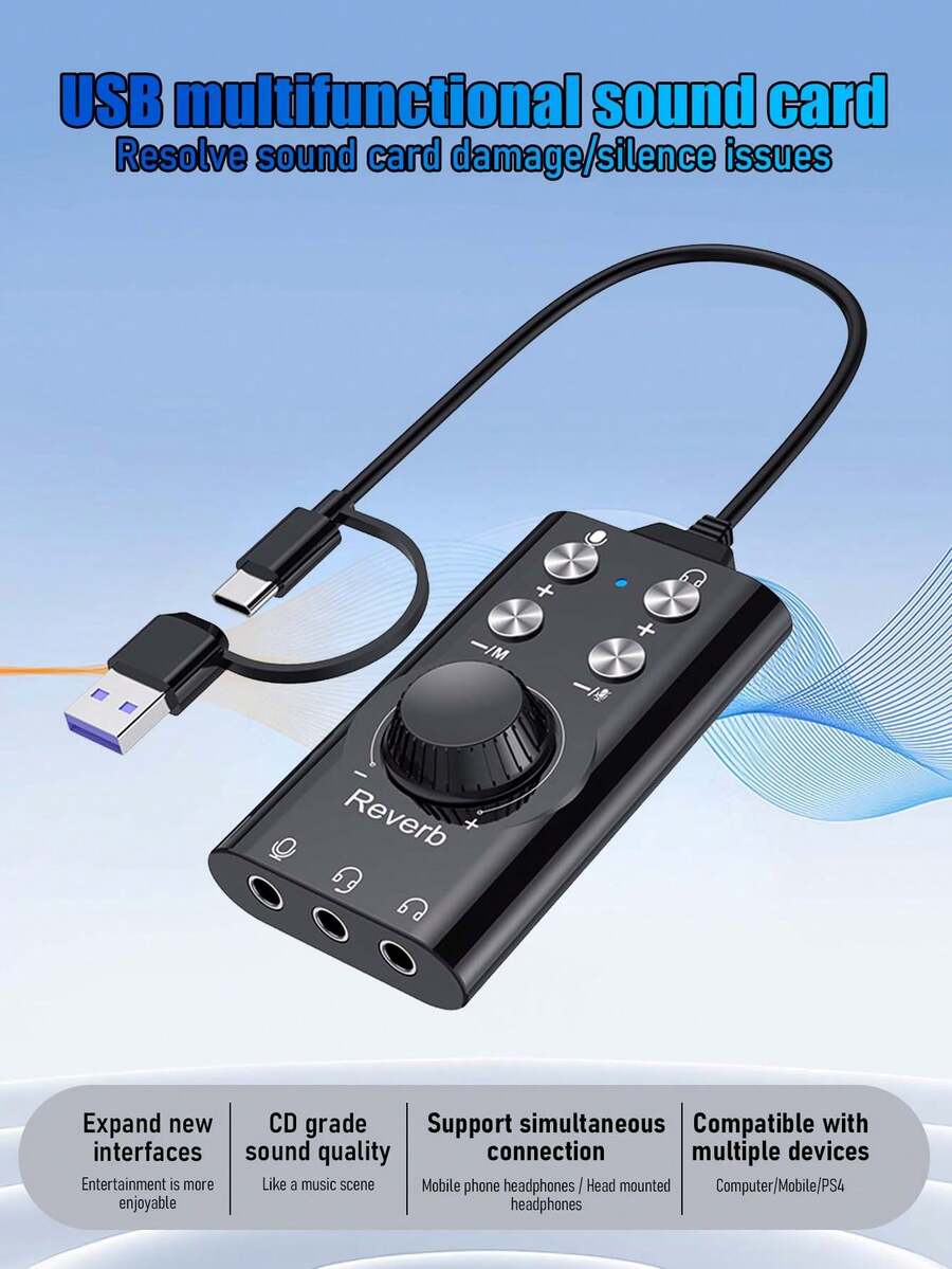 USB + Type-C Dual-Head 7.1 Sound Card, External Noise Cancelling Sound Card For Computer, Laptop, Smartphone, Microphone, Game, Live Streaming, Singing, Plug And Play - Multicolor - View 1