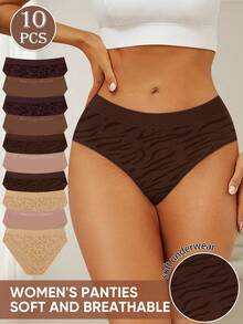 MEIYATING 10pcs/Pack Women's Low Waist Seamless Panties, Heart & Stripe Pattern, English Waistband, Comfortable Soft Texture, Fashionable Everyday Wear Triangle Underwear - Multicolor - View 2