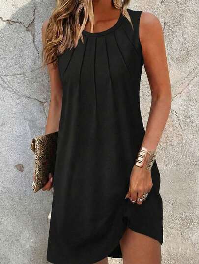 Women's Casual Sleeveless Solid Color Round Neck Shift Dress, Suitable For Work