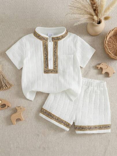 Conjunto casual de 2 piezas para niño bebé: camisa de unicolor con textura y bolsillo con bordado, y pantalones cortos