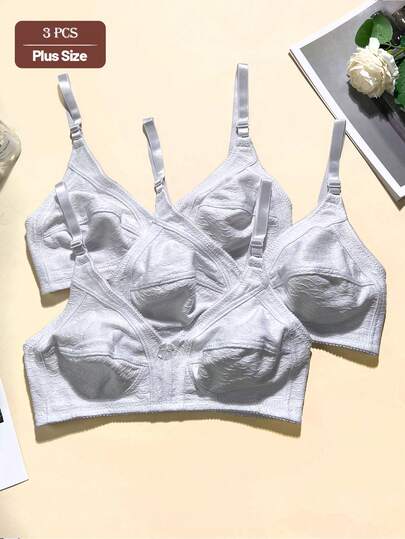 3pcs/Set Solid Color Casual - Comfortable Minimalist Casual - Sports Casual Knit Fabric Bow Decor Plus Size Women Bras