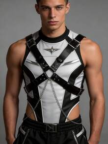 男士Y2K仿皮可调节胸带，前卫朋克金属戒指身体配饰，适合音乐节、演唱会、夜店等场合的穿搭点缀 - 黑色 - 查看 1