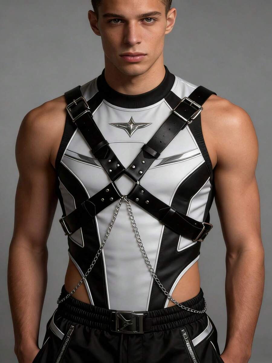 男士Y2K仿皮可调节胸带，前卫朋克金属戒指身体配饰，适合音乐节、演唱会、夜店等场合的穿搭点缀 - 黑色 - 查看 1