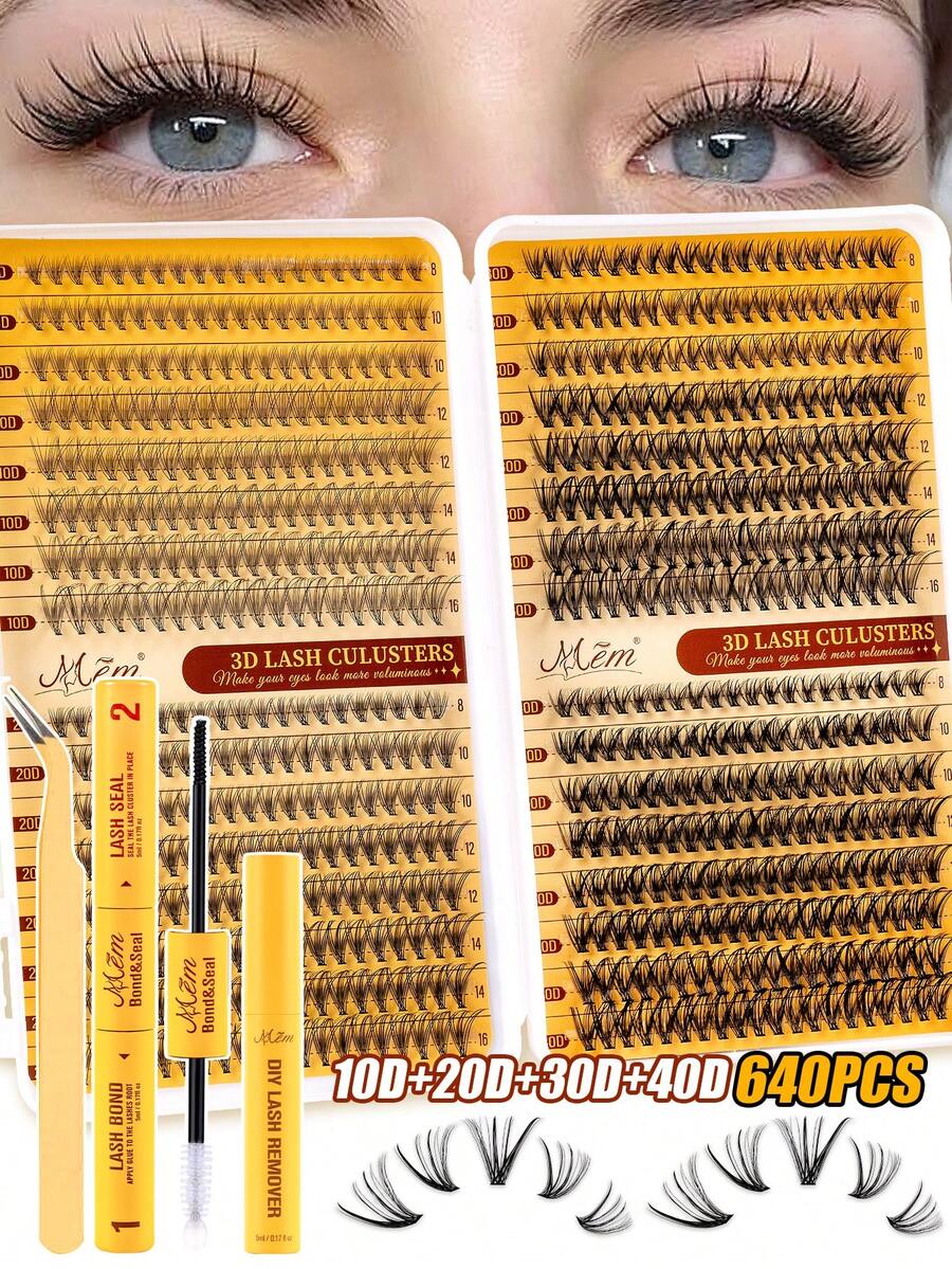 640/592/320pcs Eyelash Extension Kit, DIY Eyelash Extension Set (8-16mm), Individual Cluster Lashes D Curl Eyelash Extension Kit With Glue, Sealer And Lash Applicator, Suitable For Daily Use, Parties, Travel Or Gift For Family And Friends - 黑色 - 查看 1