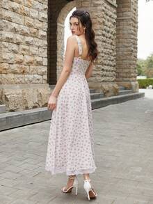 PARTHEA Elegant Sleeveless Strappy Cami Midi Dress With Knot Ruched Bust Backless Smocking And Floral Print Contrast Lace Detailing - Pink - View 2