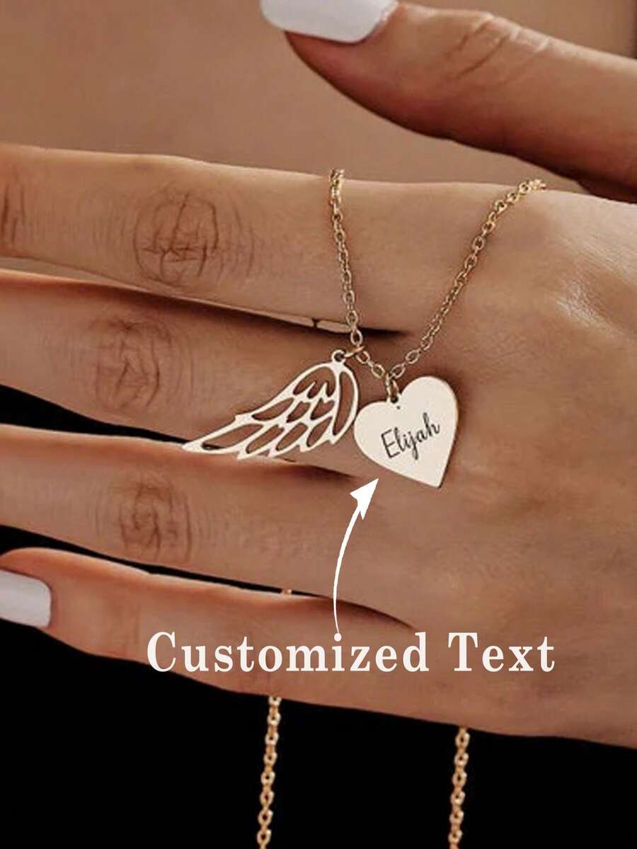 1pc Heart-Shaped Personalized Necklace With Angel Wings Design, Memorial Necklace, Customized Remembrance Gift, Angel Necklace - Multicolor - View 1