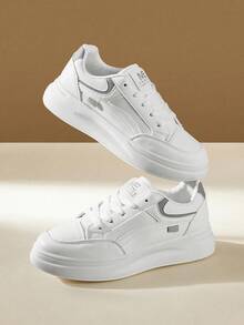 2025 New Spring/Autumn Fashion Casual Versatile Thick Sole Lace-Up White Platform Sneakers, Waterproof, Women's Skateboard Shoes - Grey - View 8