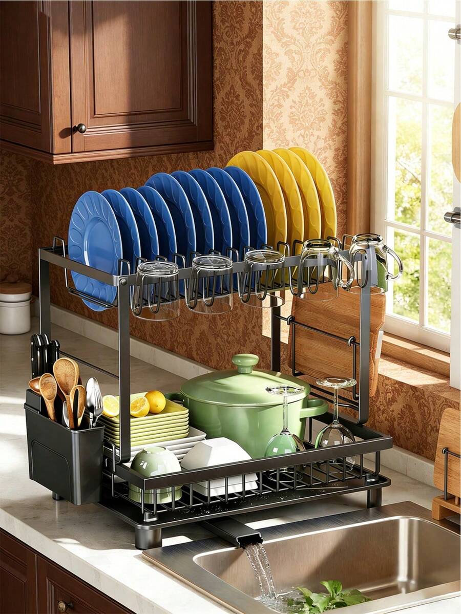 2Layer Double Layer Heavy-Duty Metal Bowl Rack With Drainage Board, Cutlery Rack, And Cup Hook | Space Saving Countertop Bowl Rack, Adjustable Plates, Pots, Pans, And Sturdy Kitchen Storage Rack - Black - View 1