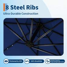 Sombrilla voladiza solar de 3 m para patio exterior, con ajuste de inclinación y elevación fácil, protección UV, resistente a la decoloración, 8 varillas para terraza, piscina y jardín, color azul marino. - B - Ver 5