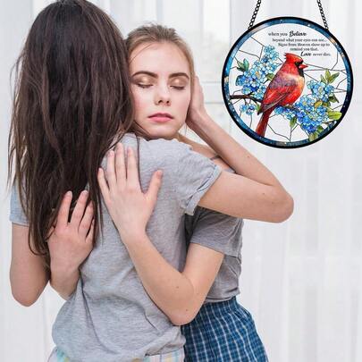 1pc 2D Red Cardinal Acrylic Window Hanging Decor, Red Bird Home Decoration For Remembrance And Healing