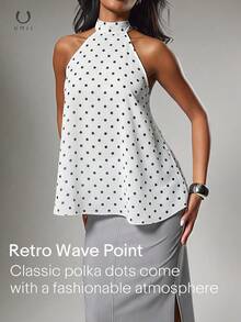 Polka Dot Halter Neck Loose Casual Batwing Cover Up, Flattering - White - View 6