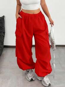 1pc Teen Girl Loose Flap Pocket Side Drawstring Outdoor Solid Color Cargo Pants, Spring/Summer/Autumn/Winter - Red - View 2
