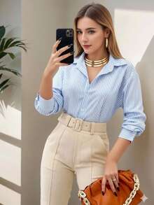Women's Dress Shirt With Buttons, Women's Fashion, Striped Shirt - XÃ HỘI SỌC XANH - Xem 2