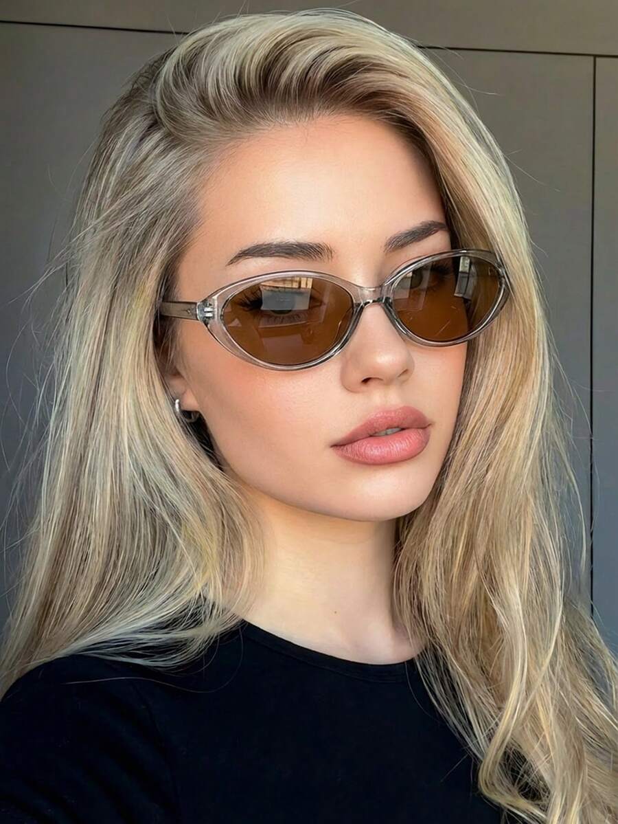 1 paire de lunettes de mode vintage femme avec monture transparente vert olive en forme d'œil de chat en PC - gris-vert translucide - Voir 1