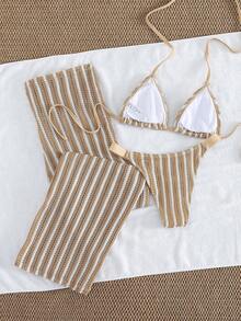 3 piezas Conjunto de bikini de punto a rayas sexy - Top triangular + Calzoncillos de cintura baja + Pantalones de pierna ancha con tirantes ajustables | Traje de baño de vacaciones de playa retro para el verano - Beis - Ver 4