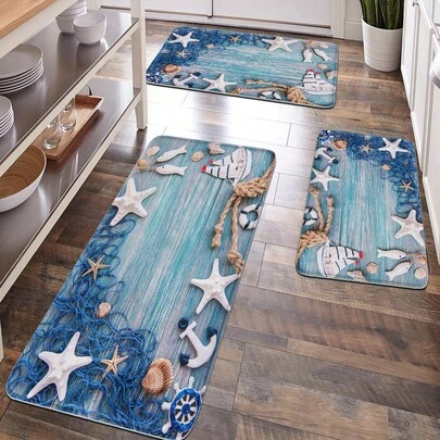 1 pièce Décoration de maison, Décoration de chambre, Décoration de salle de bain, Tapis de salle de bain, Tapis de bain antidérapant, Décoration de cuisine, Tapis de cuisine, Ensemble de salle de bain, Tapis d'entrée, Paillasson, Surface en peluche douce, Décoration de maison, Tapis anti-fatigue, Tapis thème océan, Tapis motif coquillage, bateau à voile et étoile de mer, Style minimaliste, Surface douce et confortable, Détente des pieds, Réduction de la fatigue