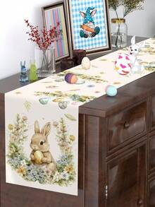 1pc Easter Table Runner, Featuring Rabbit, Eggs And Floral Patterns, 35*180cm Polyester Material, Farmhouse Style Easter Table Runner, 2026 Easter Home Decor, Kitchen Dining Table Decoration, Spring Holiday Decor - Multicolor - View 9