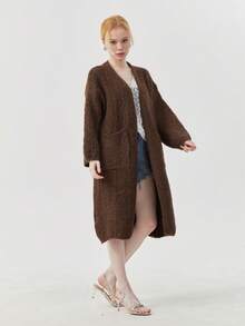 女士优雅涤纶针织长款开衫，长袖，大口袋，不对称下摆 - 棕色 - 查看 6