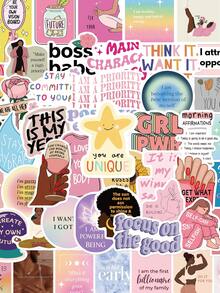 52张卡通愿景板贴纸，美观涂鸦风格，适用于手机壳、笔记本电脑、行李箱、剪贴簿、文具、日记本、冰箱、衣柜、钱包、背包、吉他等，PVC材质。 - 1 Set - 查看 1