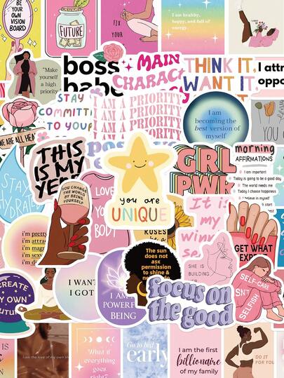 52张卡通愿景板贴纸，美观涂鸦风格，适用于手机壳、笔记本电脑、行李箱、剪贴簿、文具、日记本、冰箱、衣柜、钱包、背包、吉他等，PVC材质。